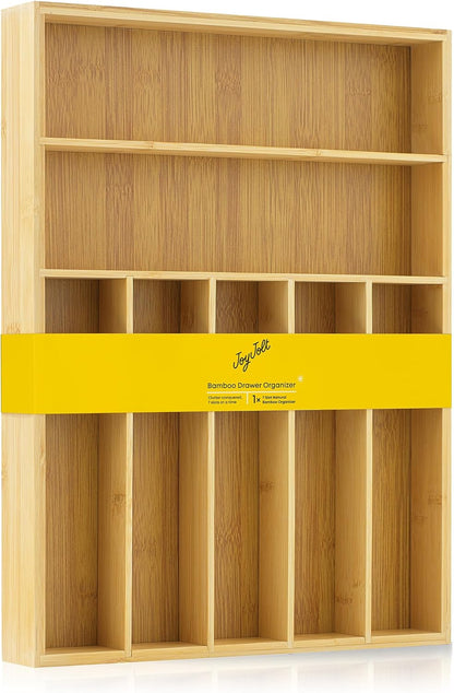 Bamboo Drawer Organizer, 7-Compartment Silverware Organizer, Cutlery and Utensil Organizer, Drawer Organizers for Garage, Kitchen, and Bathroom, Organizer Drawers for Kitchen Utensils
