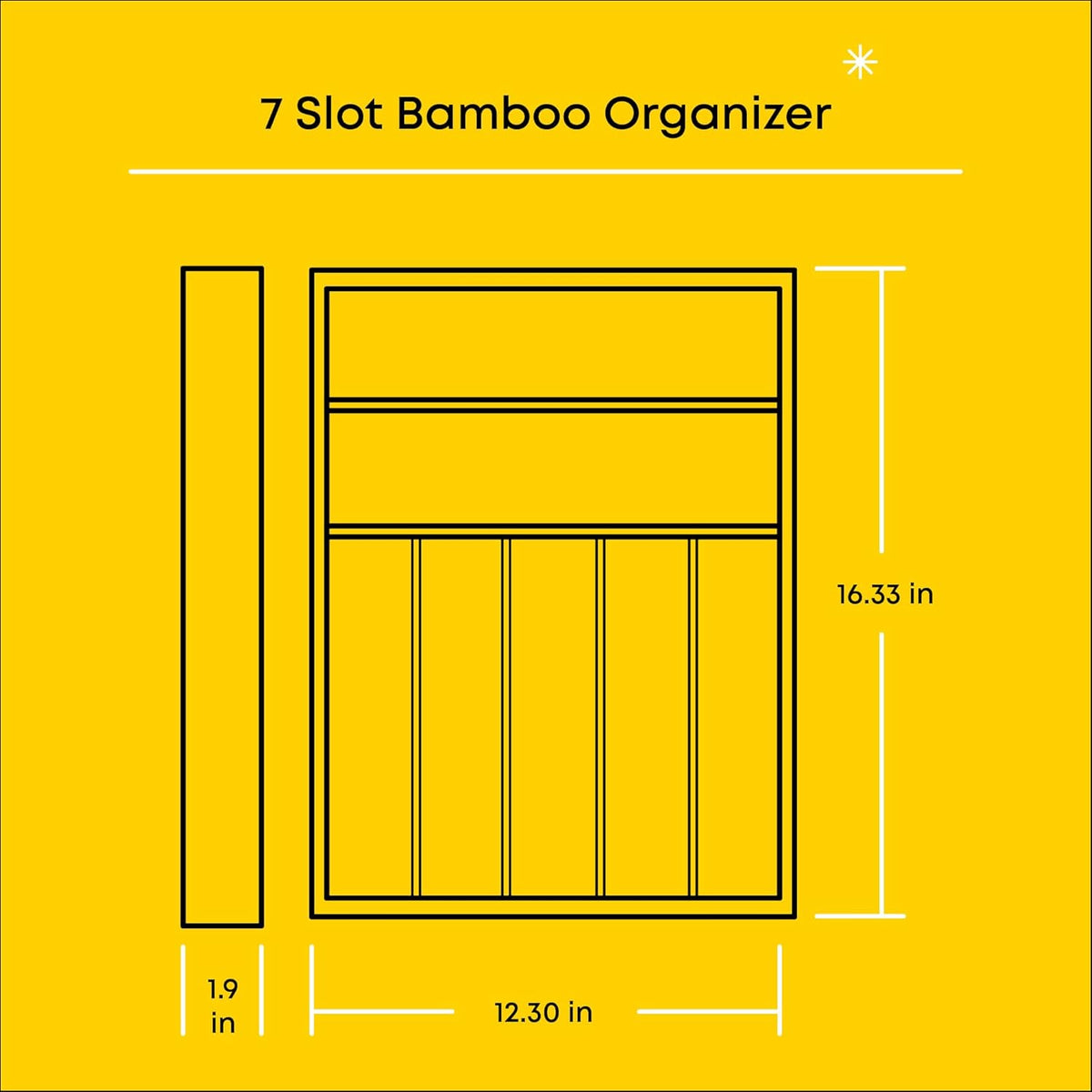 Bamboo Drawer Organizer, 7-Compartment Silverware Organizer, Cutlery and Utensil Organizer, Drawer Organizers for Garage, Kitchen, and Bathroom, Organizer Drawers for Kitchen Utensils