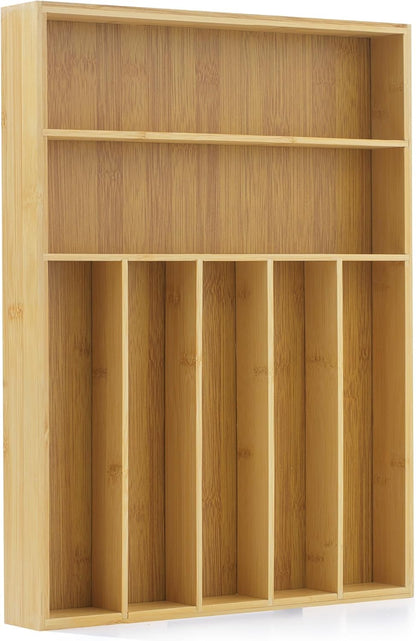 Bamboo Drawer Organizer, 7-Compartment Silverware Organizer, Cutlery and Utensil Organizer, Drawer Organizers for Garage, Kitchen, and Bathroom, Organizer Drawers for Kitchen Utensils