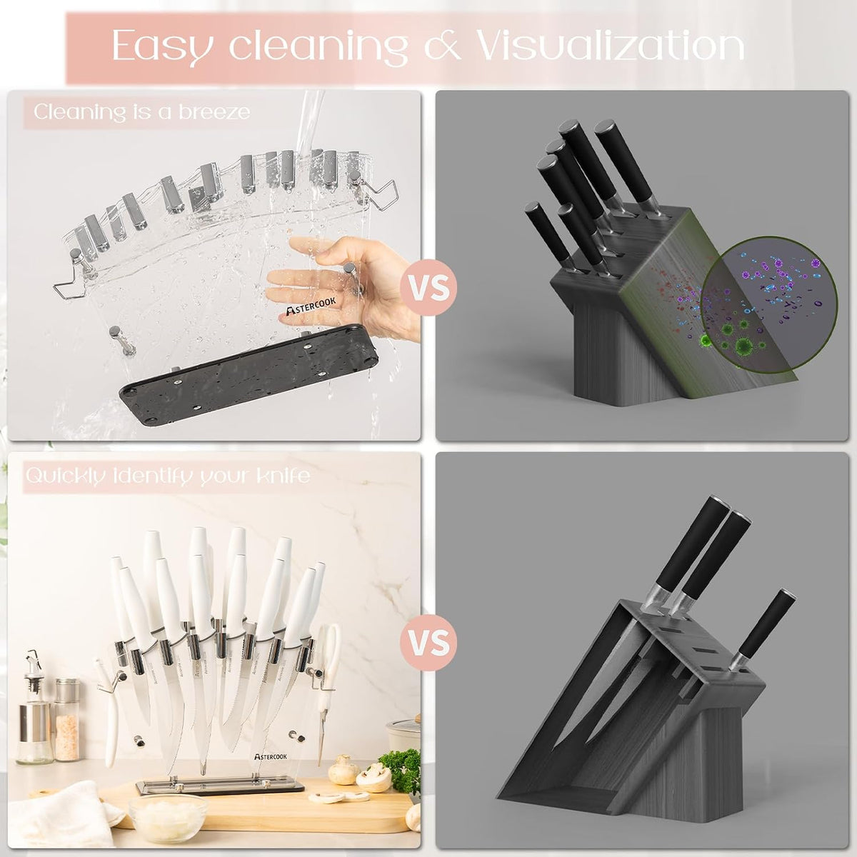 Knife Set with Block and Sharpener, 22 Piece Kitchen Knife Set Dishwasher Safe, Space-Saving Clear Knife Block with Knives for Everyday Home Cooking Black
