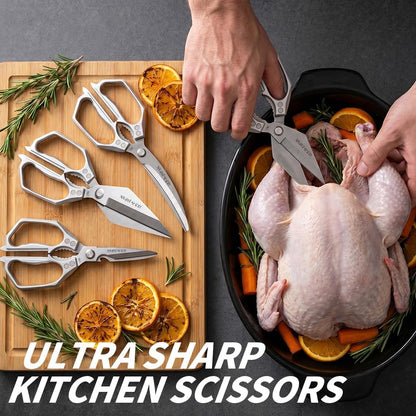 Kitchen Scissors Set Silver 3PCS, Heavy Duty Poultry Shears Kitchen Shear for Food Chicken Scissor All Purpose,Japan Meat Cutting Scissors, Bones Food Cooking Shears, Gifts for Men Women Mom Dad