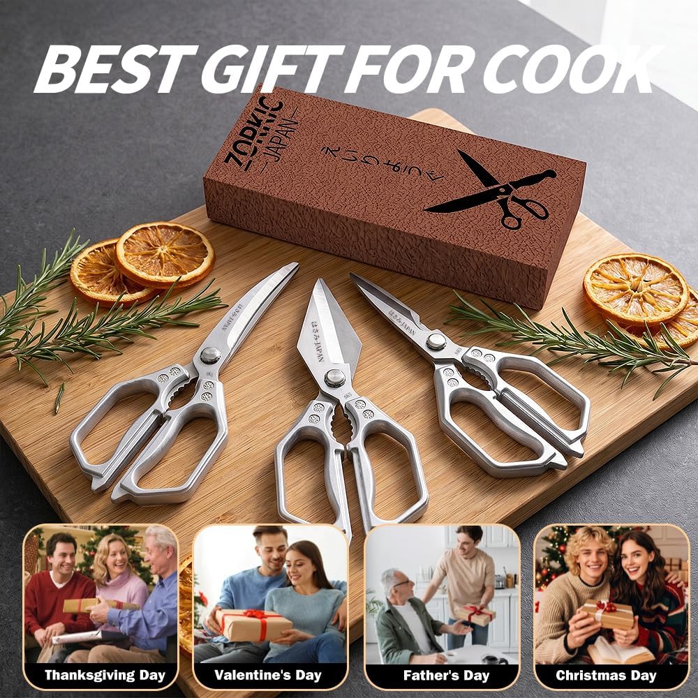 Kitchen Scissors Set Silver 3PCS, Heavy Duty Poultry Shears Kitchen Shear for Food Chicken Scissor All Purpose,Japan Meat Cutting Scissors, Bones Food Cooking Shears, Gifts for Men Women Mom Dad