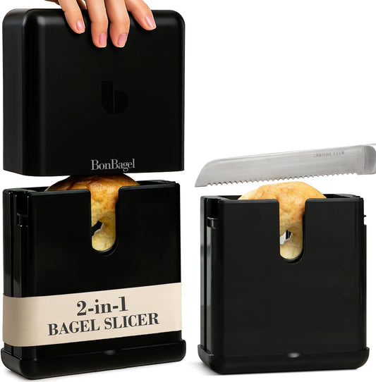 Bagel Cutter Slicer – Precision Bagel Slicer with Auto-Center Holder – Compact 7-Inch Space-Saving Design for Even Cutting Large and Small Bread at Home or Café Kitchen - Black