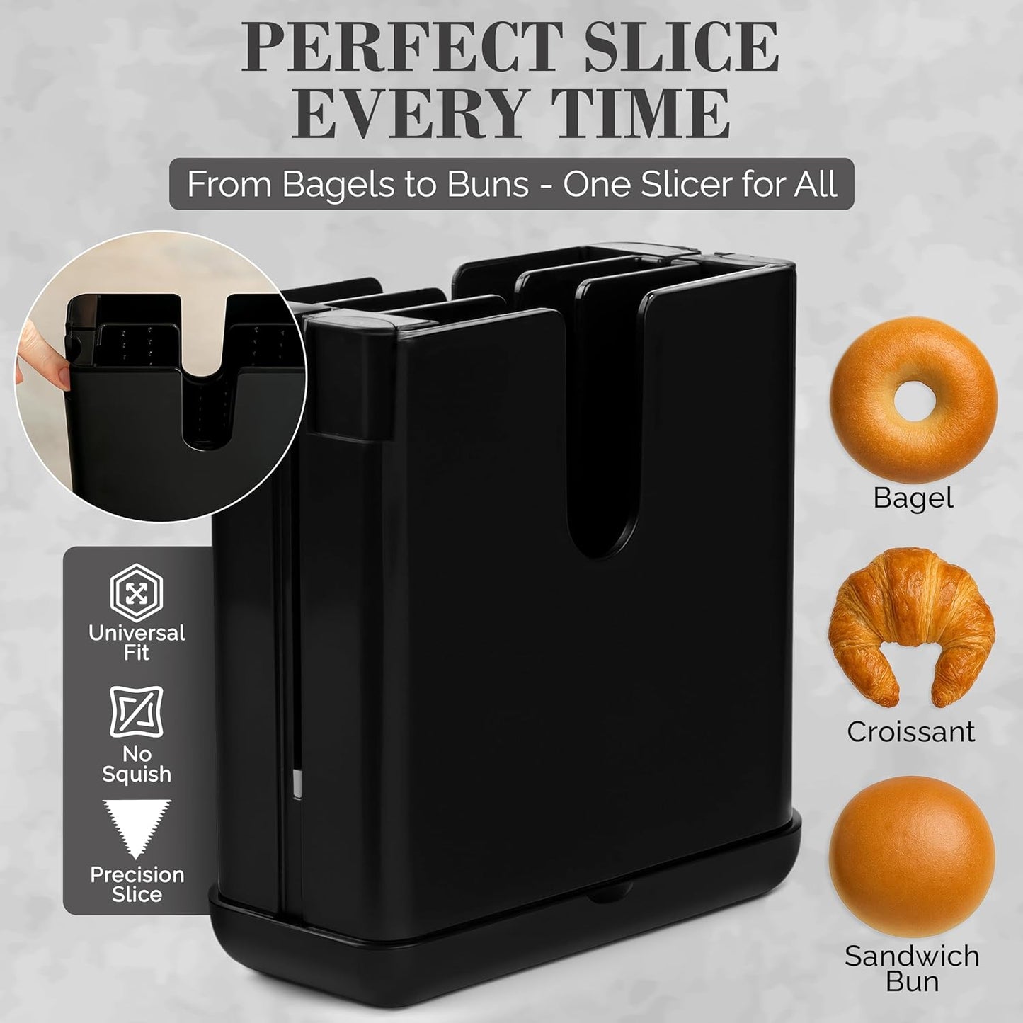 Bagel Cutter Slicer – Precision Bagel Slicer with Auto-Center Holder – Compact 7-Inch Space-Saving Design for Even Cutting Large and Small Bread at Home or Café Kitchen - Black