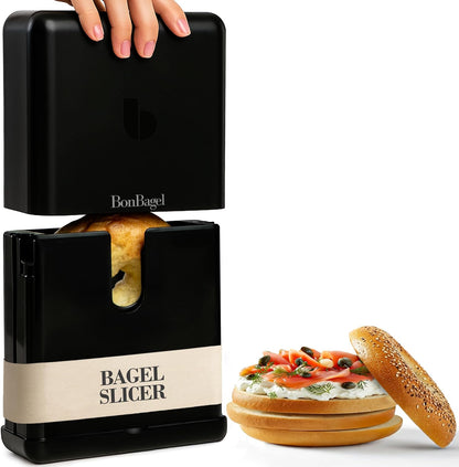 Bagel Cutter Slicer – Precision Bagel Slicer with Auto-Center Holder – Compact 7-Inch Space-Saving Design for Even Cutting Large and Small Bread at Home or Café Kitchen - Black