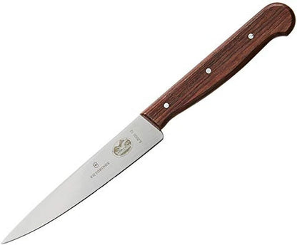 Wood 4-3/4-In Straight-Edge Steak Knife, Set of 6 | Triple-riveted modfied maple wood handle cutlery, Swiss made pointed-tip stainless steel blades for smooth meat slicing.