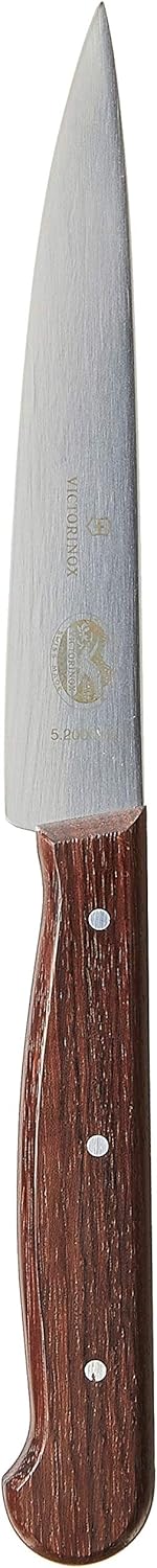 Wood 4-3/4-In Straight-Edge Steak Knife, Set of 6 | Triple-riveted modfied maple wood handle cutlery, Swiss made pointed-tip stainless steel blades for smooth meat slicing.