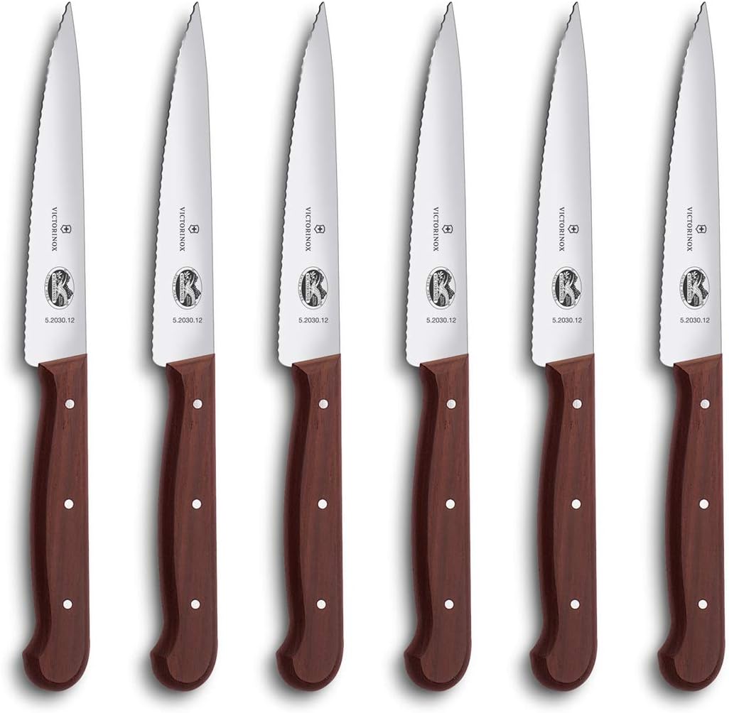 Wood 4-3/4-In Straight-Edge Steak Knife, Set of 6 | Triple-riveted modfied maple wood handle cutlery, Swiss made pointed-tip stainless steel blades for smooth meat slicing.