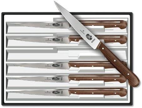 Wood 4-3/4-In Straight-Edge Steak Knife, Set of 6 | Triple-riveted modfied maple wood handle cutlery, Swiss made pointed-tip stainless steel blades for smooth meat slicing.