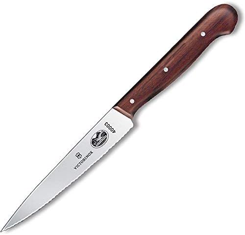 Wood 4-3/4-In Straight-Edge Steak Knife, Set of 6 | Triple-riveted modfied maple wood handle cutlery, Swiss made pointed-tip stainless steel blades for smooth meat slicing.