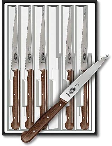 Wood 4-3/4-In Straight-Edge Steak Knife, Set of 6 | Triple-riveted modfied maple wood handle cutlery, Swiss made pointed-tip stainless steel blades for smooth meat slicing.