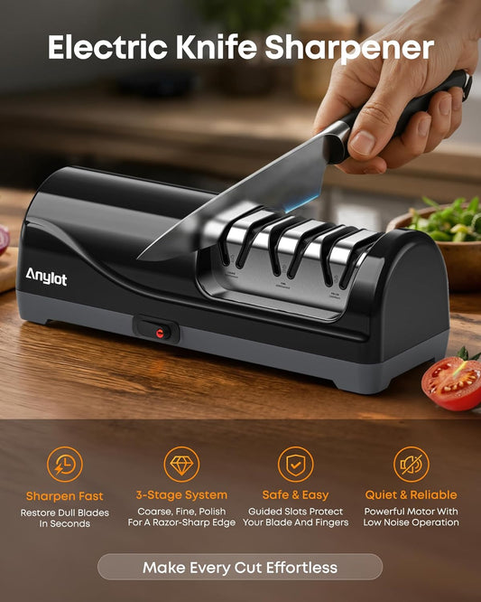 Electric Knife Sharpener for Kitchen, 3-Stage, 100% Diamond, Fast, Repair | Professional Knife Sharpener Electric 20° Precision Angle Guide, Safe Sharpening for Chef Knives, Home Use & Beginners