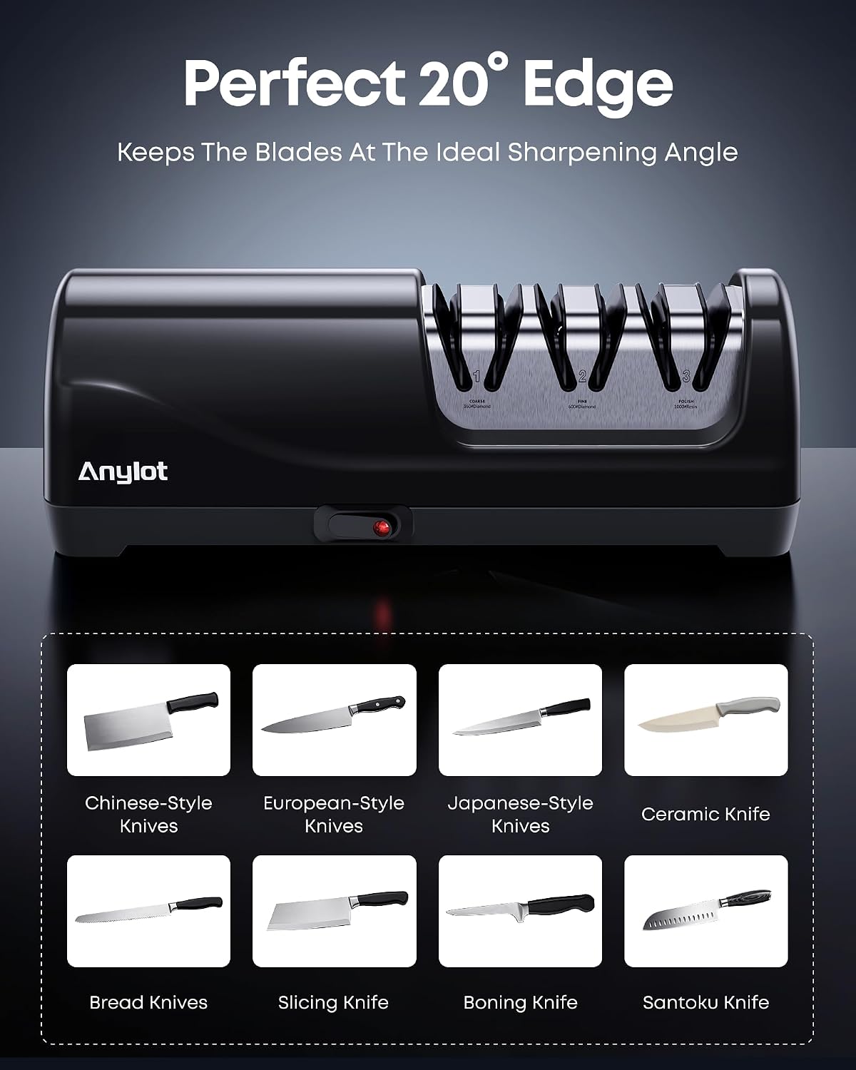 Electric Knife Sharpener for Kitchen, 3-Stage, 100% Diamond, Fast, Repair | Professional Knife Sharpener Electric 20° Precision Angle Guide, Safe Sharpening for Chef Knives, Home Use & Beginners