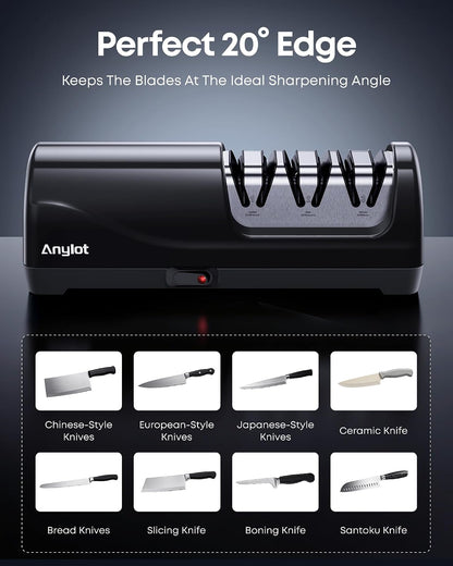 Electric Knife Sharpener for Kitchen, 3-Stage, 100% Diamond, Fast, Repair | Professional Knife Sharpener Electric 20° Precision Angle Guide, Safe Sharpening for Chef Knives, Home Use & Beginners