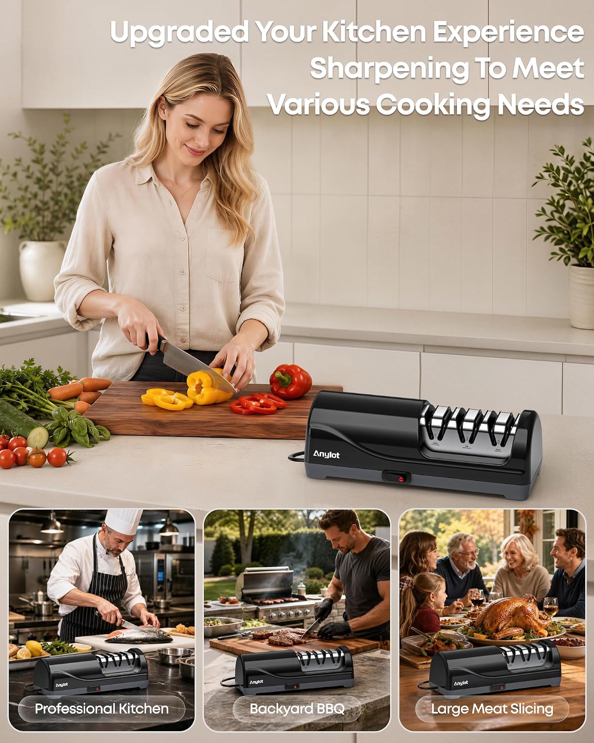Electric Knife Sharpener for Kitchen, 3-Stage, 100% Diamond, Fast, Repair | Professional Knife Sharpener Electric 20° Precision Angle Guide, Safe Sharpening for Chef Knives, Home Use & Beginners