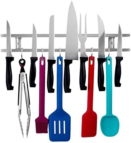 18 Inch Stainless Steel Knife & Utensil Holder With 7 Hooks - Wall Mounted Magnetic knife Strip - Includes Assembly instructions, Hardware & A Mini Level for Easy installation