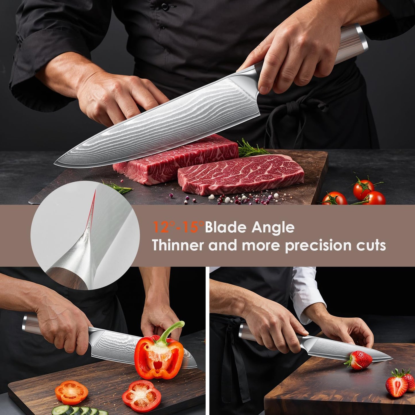 Kuwata 3 Pieces Chef Knife Set, Professional Japanese High Carbon Stainless Steel Kitchen Knife Set, Ultra Sharp Chef Knives Sets with Ergonomic Color Wooden Handle