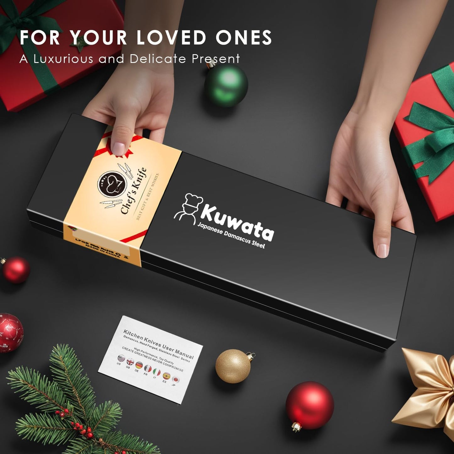 Kuwata 3 Pieces Chef Knife Set, Professional Japanese High Carbon Stainless Steel Kitchen Knife Set, Ultra Sharp Chef Knives Sets with Ergonomic Color Wooden Handle