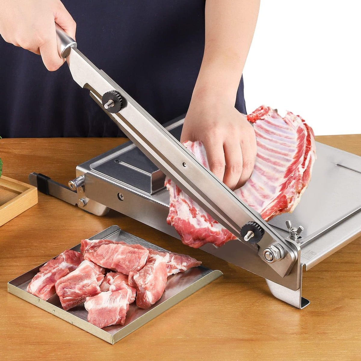 2 BLADES Manual Ribs Meat Chopper Slicer Stainless Steel Hard Bone Cutter Beef Mutton Household Vegetable Food Slicer Slicing Machine for Whole Chicken Rib Spine