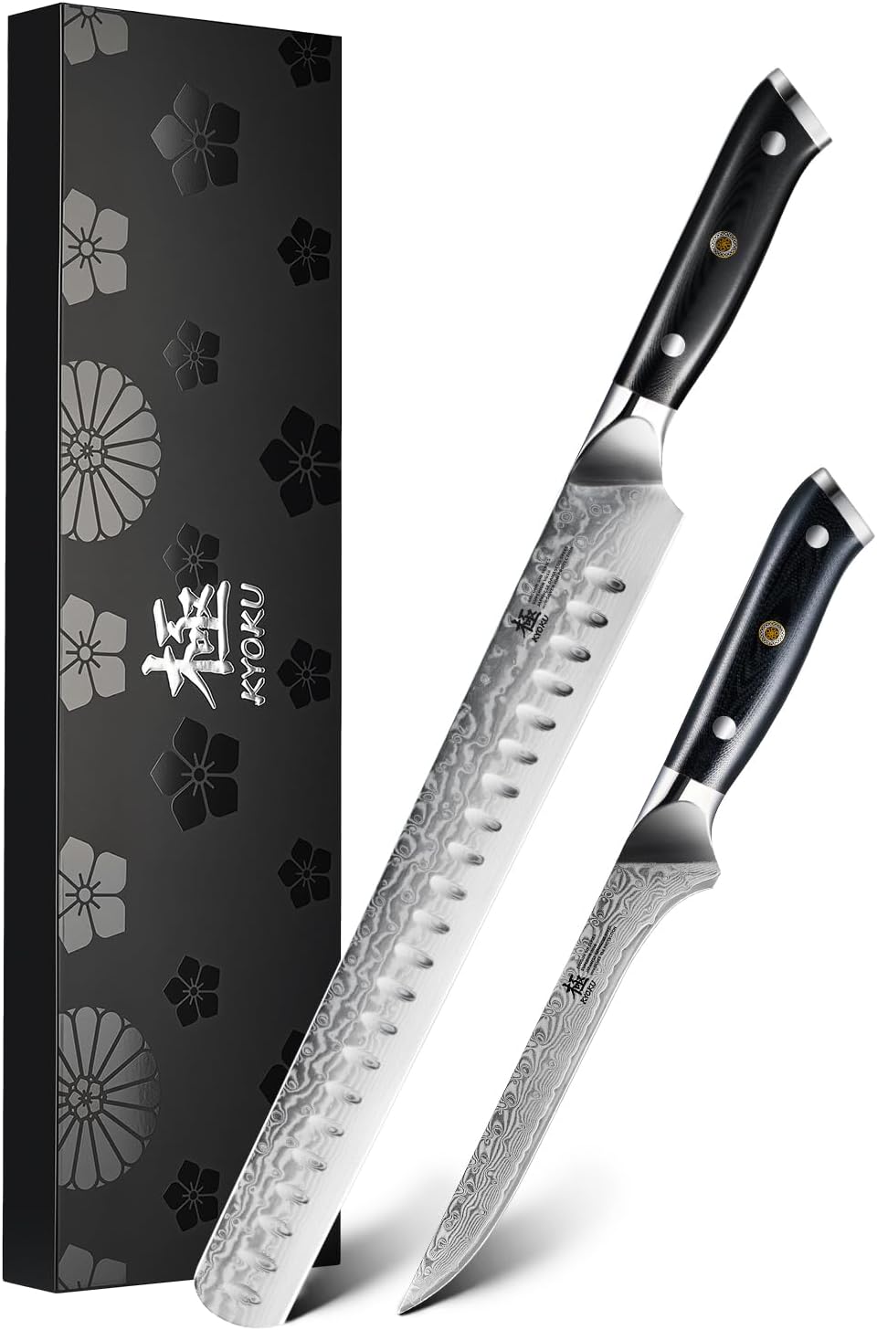Japanese Knife Set for Meat Cutting,Damascus Kitchen Butcher Knife Set for Brisket Carving,Sharp VG10 Steel 7" Boning+12" Slicing,UPGRADED Silver Ion Coated Breaking Knives BBQ Slicer
