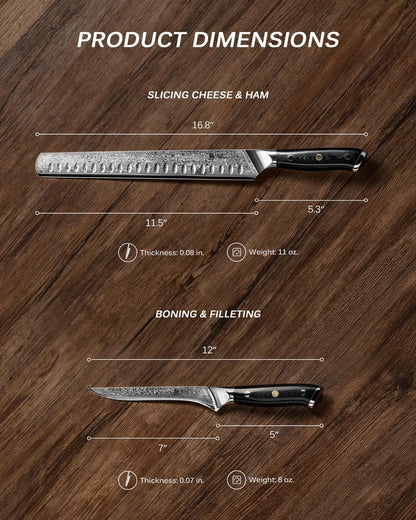 Japanese Knife Set for Meat Cutting,Damascus Kitchen Butcher Knife Set for Brisket Carving,Sharp VG10 Steel 7" Boning+12" Slicing,UPGRADED Silver Ion Coated Breaking Knives BBQ Slicer