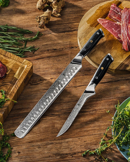 Japanese Knife Set for Meat Cutting,Damascus Kitchen Butcher Knife Set for Brisket Carving,Sharp VG10 Steel 7" Boning+12" Slicing,UPGRADED Silver Ion Coated Breaking Knives BBQ Slicer
