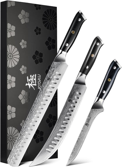 Japanese Knife Set for Meat Cutting,Damascus Kitchen Butcher Knife Set for Brisket Carving,Sharp VG10 Steel 7" Boning+12" Slicing,UPGRADED Silver Ion Coated Breaking Knives BBQ Slicer