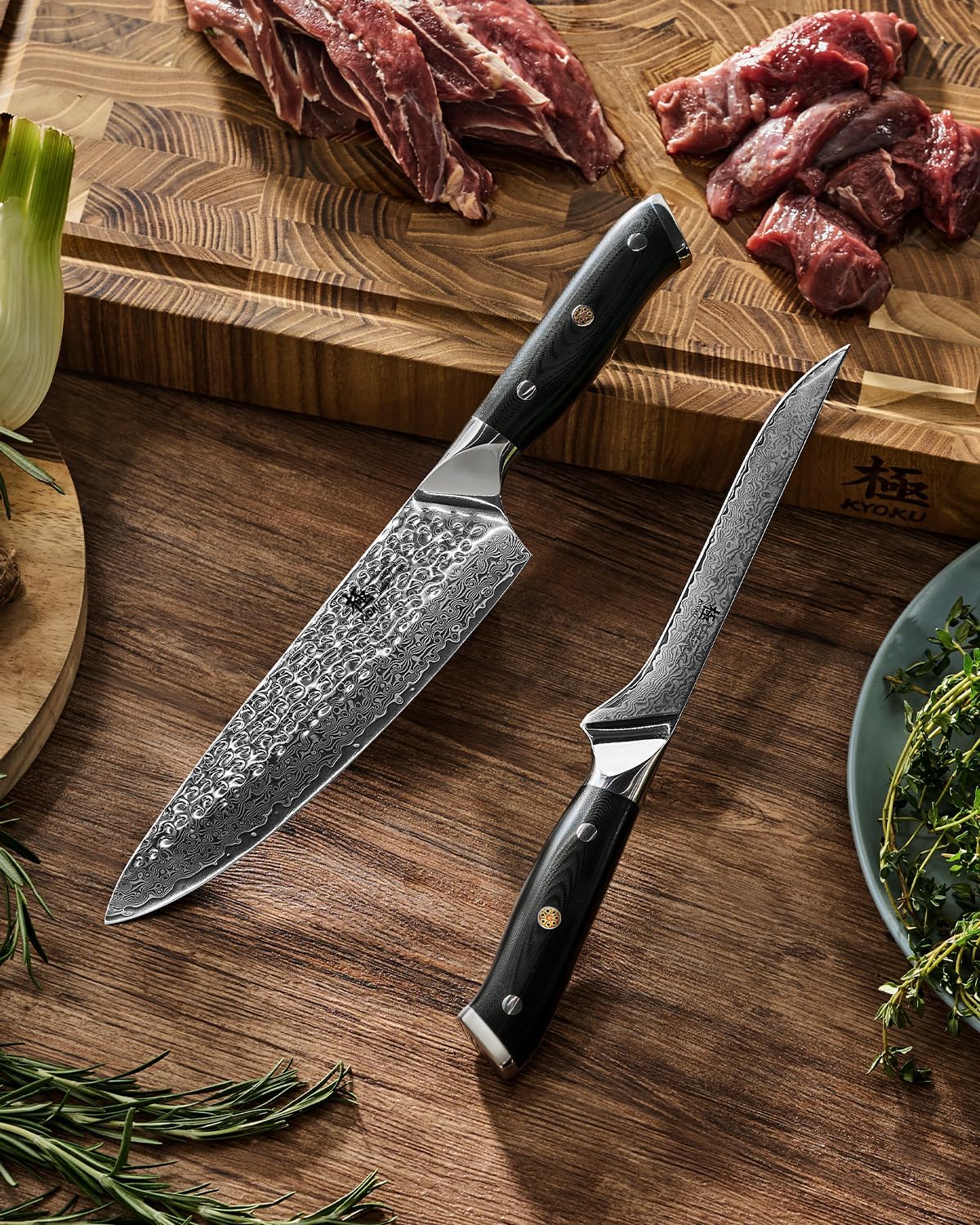 Japanese Knife Set for Meat Cutting,Damascus Kitchen Butcher Knife Set for Brisket Carving,Sharp VG10 Steel 7" Boning+12" Slicing,UPGRADED Silver Ion Coated Breaking Knives BBQ Slicer