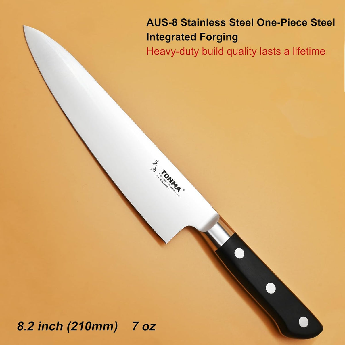 TONMA Japanese Chef Knife MADE IN JAPAN 8.2 inch Full Tang Traditional Handcrafted Stainless Steel Kitchen Knife, Professional Classic Gyuto for Gift Giving, Razor-Sharp & Highly Durable