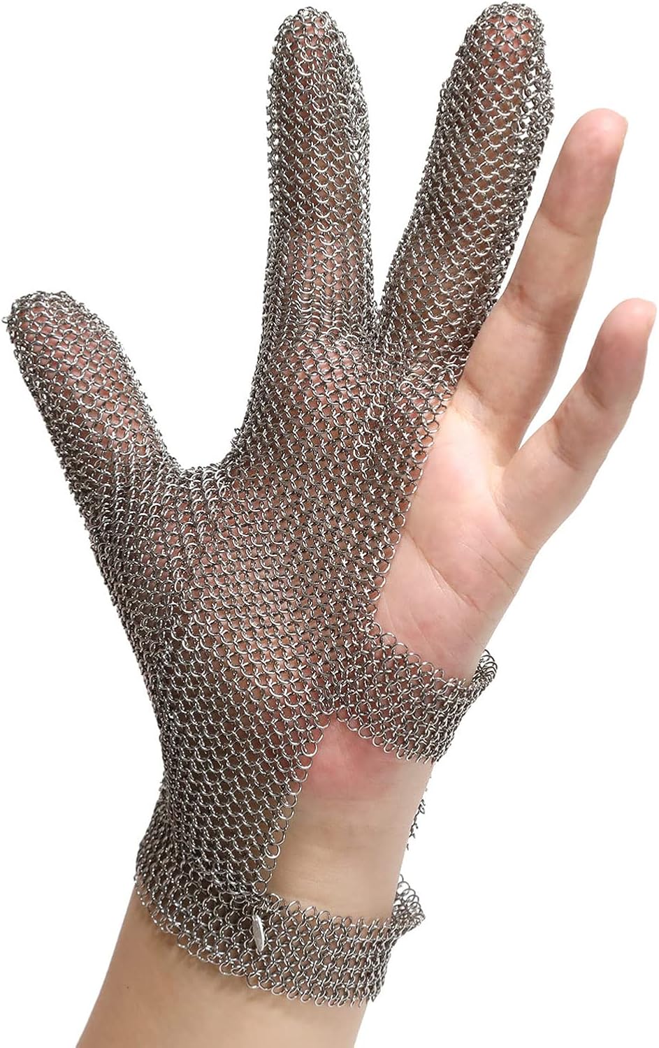 3 Fingers Chainmail Glove Stainless Steel Mesh Glove, Butcher Cut Resistant Gloves with Wrist Clasp, Safety Work