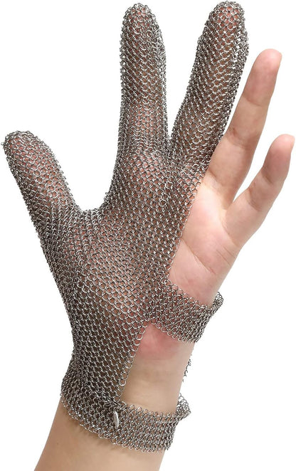 3 Fingers Chainmail Glove Stainless Steel Mesh Glove, Butcher Cut Resistant Gloves with Wrist Clasp, Safety Work