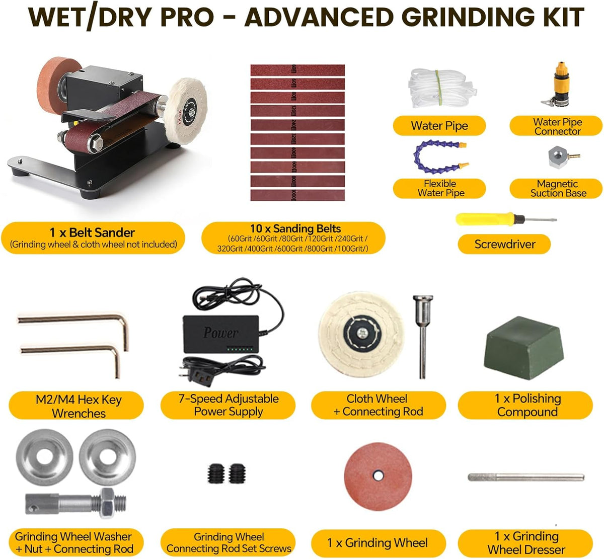 Mini Belt Sander, Electric Small Sander Knife Making Supplies, 7 Adjustable Speed Electric Knife Sharpener, Power Belt Grinder for Woodworking. (Wet/Dry Pro - Advanced Grinding Kit)