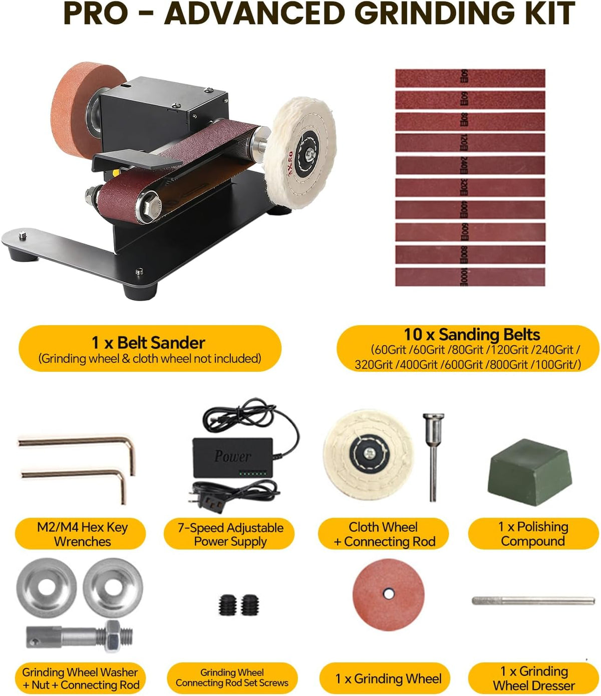 Mini Belt Sander, Electric Small Sander Knife Making Supplies, 7 Adjustable Speed Electric Knife Sharpener, Power Belt Grinder for Woodworking. (Wet/Dry Pro - Advanced Grinding Kit)