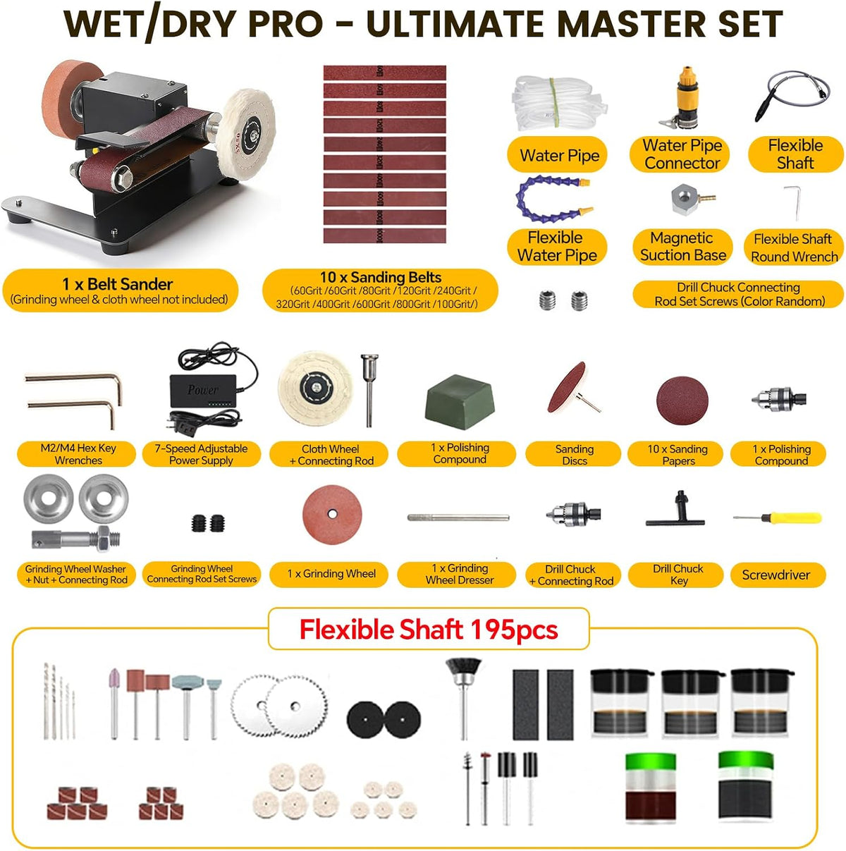 Mini Belt Sander, Electric Small Sander Knife Making Supplies, 7 Adjustable Speed Electric Knife Sharpener, Power Belt Grinder for Woodworking. (Wet/Dry Pro - Advanced Grinding Kit)