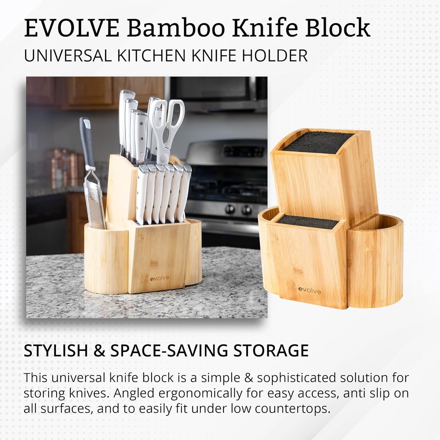 Bamboo Knife Block - Universal Kitchen Knife Holder - Safe & Space Saver Knife Storage that Covers Knife Blades Up To 9” & Holds Up To 20 Knives with Machine Washable & BPA Free Flex Rods.