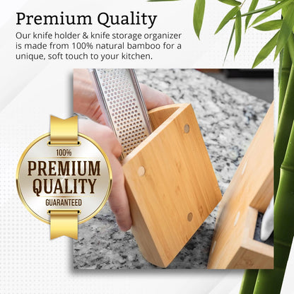 Bamboo Knife Block - Universal Kitchen Knife Holder - Safe & Space Saver Knife Storage that Covers Knife Blades Up To 9” & Holds Up To 20 Knives with Machine Washable & BPA Free Flex Rods.