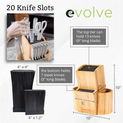 Bamboo Knife Block - Universal Kitchen Knife Holder - Safe & Space Saver Knife Storage that Covers Knife Blades Up To 9” & Holds Up To 20 Knives with Machine Washable & BPA Free Flex Rods.
