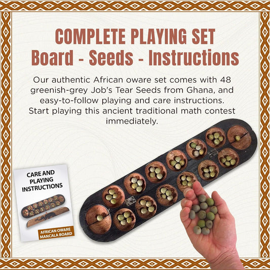 Africa Heartwood Project African Oware Mancala Board - Extended Size, Hand-Carved Solid Wood with Elephant Design, Wooden Folding Mancala 21" Board, 48 Grey, Green Tear Seeds and Playing Instructions