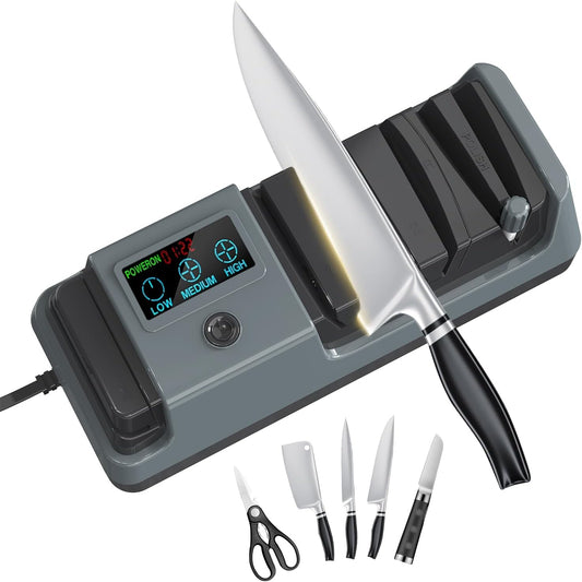 Upgrade 5 in 1 Electric Knife Sharpener with LCD Screen, 3 Rotational Speed Adjustable, 100% Diamond Abrasives, knife sharpener for Straight, Serrated, Meat Cleaver, Ceramic Knives Electric Knife