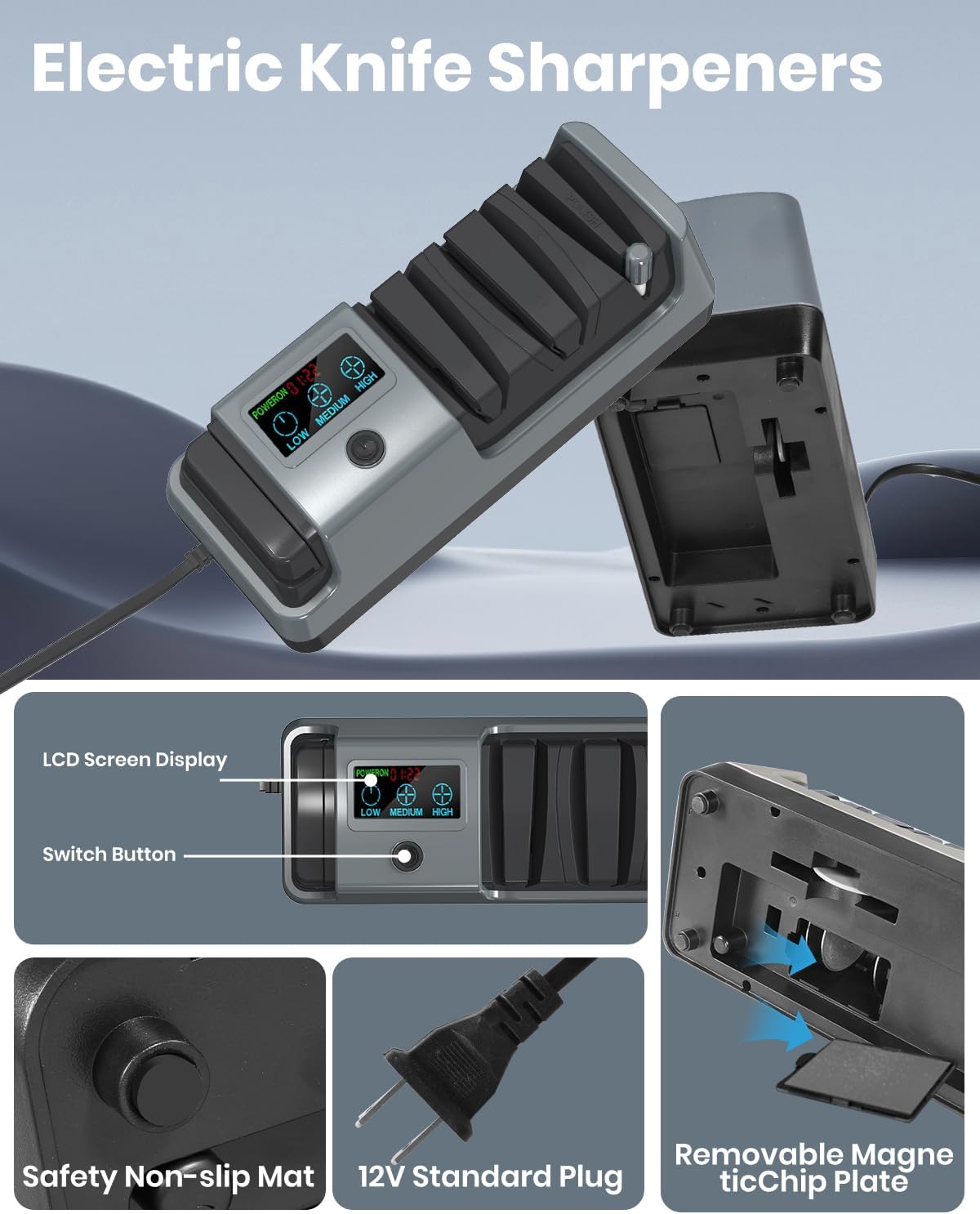 Upgrade 5 in 1 Electric Knife Sharpener with LCD Screen, 3 Rotational Speed Adjustable, 100% Diamond Abrasives, knife sharpener for Straight, Serrated, Meat Cleaver, Ceramic Knives Electric Knife