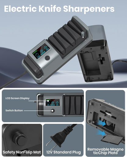 Upgrade 5 in 1 Electric Knife Sharpener with LCD Screen, 3 Rotational Speed Adjustable, 100% Diamond Abrasives, knife sharpener for Straight, Serrated, Meat Cleaver, Ceramic Knives Electric Knife