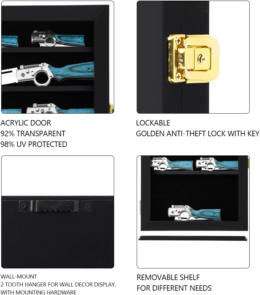Pocket Knife Display Case Knife Collection Display Box for Wall Folding Knife Cabinet with Uv Protection Acrylic Lockable Black