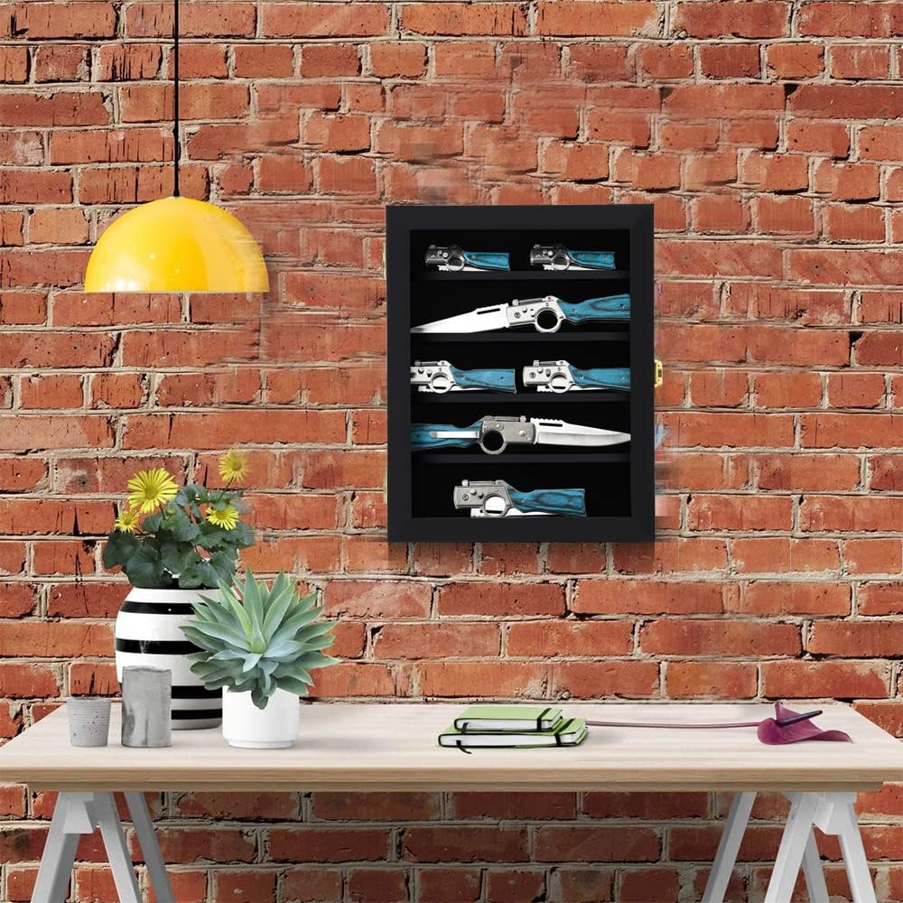 Pocket Knife Display Case Knife Collection Display Box for Wall Folding Knife Cabinet with Uv Protection Acrylic Lockable Black