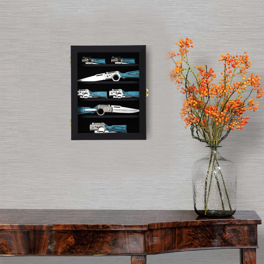 Pocket Knife Display Case Knife Collection Display Box for Wall Folding Knife Cabinet with Uv Protection Acrylic Lockable Black