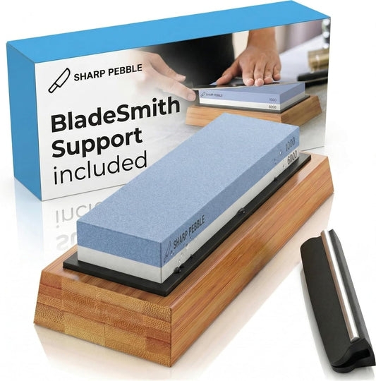 Whetstone Knife Sharpener – 1000/6000 Grit Sharpening Stone | Angle Guide for Foolproof Results – Wet Stone Sharpener & Honing Kit with Non-Slip Bamboo Base- Guided Beginner Instructions