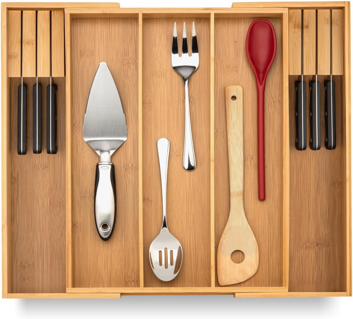 Kitchen Drawer Organizer with Knife Blocks - Utensil Drawer Organizer for Kitchen, Cutlery Tray & Silverware Organizer, 3-5 Slots - Bamboo Organizer for Utensils & Flatware (Natural)