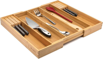 Kitchen Drawer Organizer with Knife Blocks - Utensil Drawer Organizer for Kitchen, Cutlery Tray & Silverware Organizer, 3-5 Slots - Bamboo Organizer for Utensils & Flatware (Natural)
