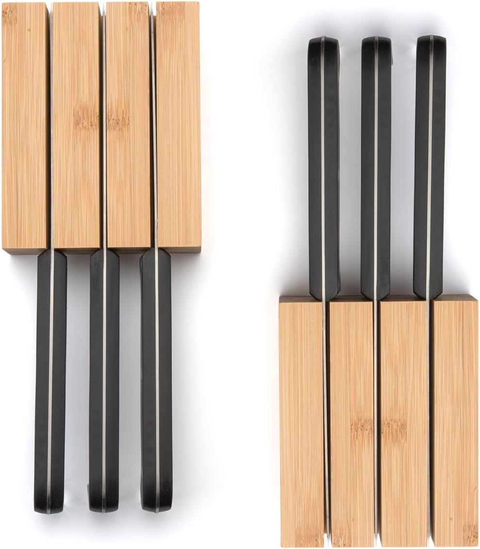 Kitchen Drawer Organizer with Knife Blocks - Utensil Drawer Organizer for Kitchen, Cutlery Tray & Silverware Organizer, 3-5 Slots - Bamboo Organizer for Utensils & Flatware (Natural)