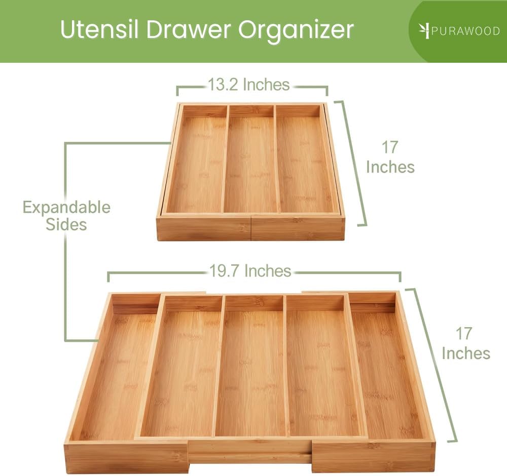 Kitchen Drawer Organizer with Knife Blocks - Utensil Drawer Organizer for Kitchen, Cutlery Tray & Silverware Organizer, 3-5 Slots - Bamboo Organizer for Utensils & Flatware (Natural)