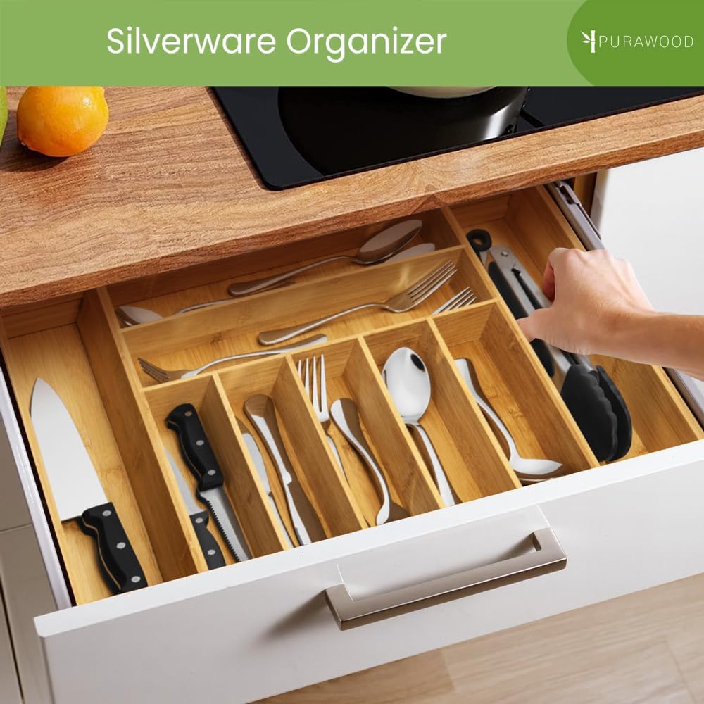 Kitchen Drawer Organizer with Knife Blocks - Utensil Drawer Organizer for Kitchen, Cutlery Tray & Silverware Organizer, 3-5 Slots - Bamboo Organizer for Utensils & Flatware (Natural)